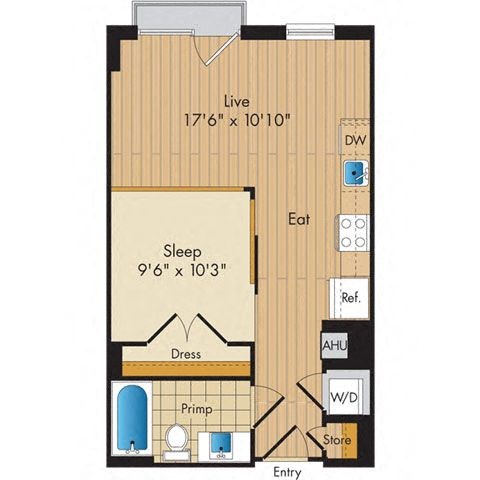 Floor plan for studio, 1 bath, 535 sqft